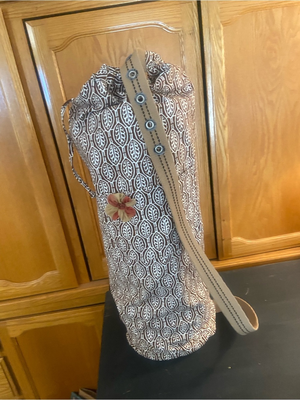 Hand Crafted Brown Patterned Drawstring Travel Bag with Tan Strap